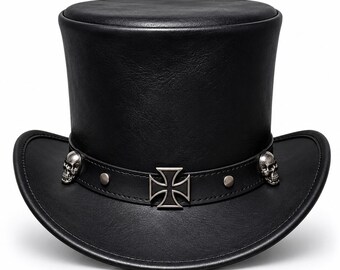 Black Leather Top Hat, Steampunk Cowboy Hat with Skull and Cross Band