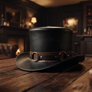 May include: A black leather top hat featuring a brown leather band adorned with metallic rings and studs. The hat has a structured crown and a curved brim, showcasing a smooth texture and a dark finish that reflects the surrounding ambient light.