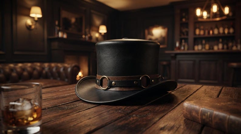 May include: A black leather top hat featuring a brown leather band adorned with metallic rings and studs. The hat has a structured crown and a curved brim, showcasing a smooth texture and a dark finish that reflects the surrounding ambient light.