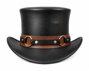 Leather top hat, black with brown band, steampunk ring detail