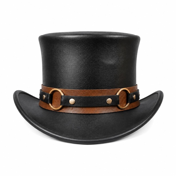 Leather top hat, black with brown band, steampunk ring detail