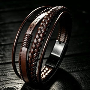 Pulseira masculina personalizada em couro genuíno - Presente de aniversário para marido ou namorado - Joia personalizada para aniversário