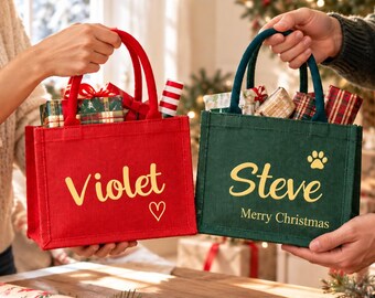 Personalized Christmas Gift Bag with Charm, Custom Name Red or Green Burlap Tote, Reusable Holiday Party Bag for Christmas Eve Gifts