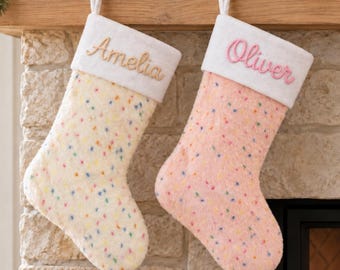 Custom Name Christmas Stocking, Soft Plush Stocking with Colorful Flecks and White Cuff, Pastel Mantel Decor, Gift for Kids