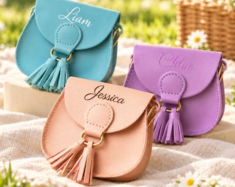 Personalized Girls Purse with Name, Toddler Crossbody Bag with Tassel, Mini PU Leather Handbag, Birthday Gift for Daughter, Flower Girl Gift