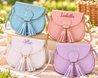 Personalized Flower Girl Purse with Name, Girls Tassel Crossbody Bag, PU Leather Handbag, Wedding Thank You Gift, Birthday Gift for Girls