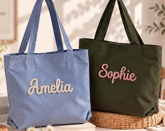 Personalized Corduroy Tote Bag with 3D Yarn Name, Custom Zipper Shoulder Bag for Women, Everyday Book Tote, Birthday Gift for Her or Friends