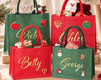 Personalized Christmas Party Gift Bag with Charm, Custom Name Burlap Tote, Red or Green Christmas Eve Present Bag for Kids and Family