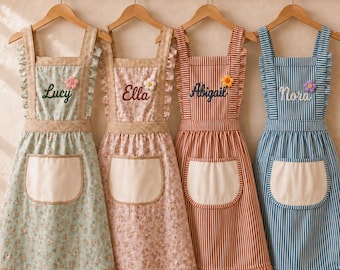 Personalized Embroidered Apron for Women, Custom Name Floral Ruffle Cooking Apron with Towel Pocket, Baking Gift for Mom or Grandma