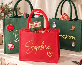 Personalized Red Burlap Christmas Gift Bag with Charm, Custom Name Holiday Tote, Reusable Christmas Eve Present Bag for Kids and Family