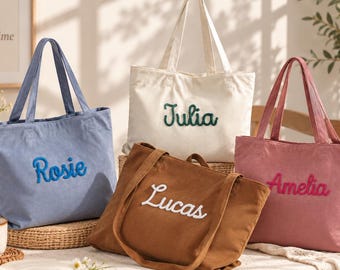 Custom Name Corduroy Tote Bag with 3D Yarn Letters, Personalized Shoulder Bag with Zipper, Teacher Appreciation Gift, Work and Library Tote