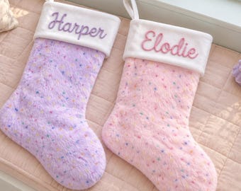 Pastel Personalized Christmas Stocking, Fuzzy Confetti Stocking with Raised Yarn Name, Family Holiday Decor, Baby First Christmas