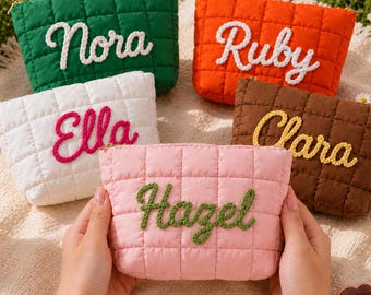 Personalized Quilted Makeup Bag, Custom Yarn Name Cosmetic Pouch, Bridesmaid Gift, Travel Toiletry Bag, Birthday Gift for Her, Cute Gift