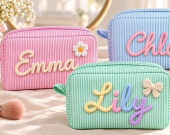 Personalized Toiletry Bag with 3D Yarn Name, Custom Striped Makeup Bag, Bridesmaid Proposal Gift, Travel Pouch, Birthday Gift for Women