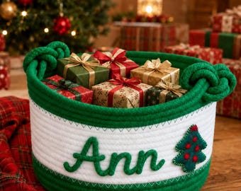 Personalized Christmas Rope Storage Basket,Custom Name Toy Basket,Christmas Gift Basket,Kids Holiday Storage Bin,Nursery Basket