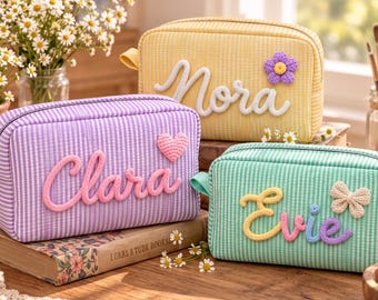 Personalized Cosmetic Bag for Women, Custom Yarn Name Makeup Pouch, Striped Travel Toiletry Organizer, Birthday or Bridesmaid Gift for Her