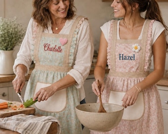 Custom Name Kitchen Apron for Women, Personalized Floral and Striped Ruffle Apron with Pocket, Baker Gift for Mom, Wife or Hostess