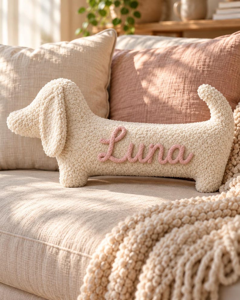 May include: A cream-colored, textured, dog-shaped throw pillow featuring the name Luna written in pink yarn script on its side. The pillow has a soft, nubby surface, a long body, floppy ears, and an upright tail, crafted in a plush material.