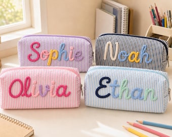 Personalized Striped Seersucker Pencil Case with 3D Cotton Rope Name