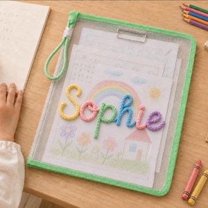 Personalized A4 Document Bag, Custom Yarn Name Mesh File Organizer, Kids Homework Folder with Handle, Back to School Gift for School Kids