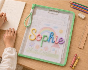 Personalized A4 Document Bag, Custom Yarn Name Mesh File Organizer, Kids Homework Folder with Handle, Back to School Gift for School Kids