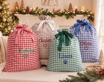 Personalized Gingham Christmas Sack, Custom Embroidered Name Santa Gift Bag, Reusable Kids Christmas Present Sack