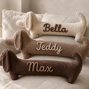 May include: Three plush dachshund-shaped pillows in cream, light brown, and dark brown. Each pillow features a name embroidered in a contrasting color: Bella in dark brown, Teddy in cream, and Max in light brown. The fabric is textured.