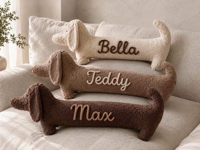 May include: Three plush dachshund-shaped pillows in cream, light brown, and dark brown. Each pillow features a name embroidered in a contrasting color: Bella in dark brown, Teddy in cream, and Max in light brown. The fabric is textured.