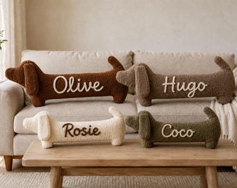 Almohada corporal personalizada con forma de perro salchicha y nombre personalizado en cordón, cojín largo con forma de perro salchicha en suave felpa de peluche, dos tamaños para una decoración acogedora para amantes de los perros.