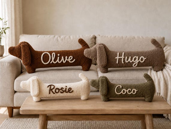 Personalized Dachshund Body Pillow with Custom Cord Name, Long Sausage Dog Cushion in Soft Teddy Fleece, Two Sizes for Cozy Dog Lover Decor