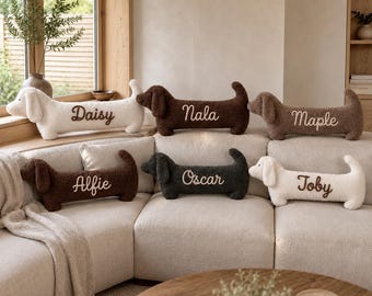 Custom Name Dachshund Body Pillow, Soft Teddy Fleece Sausage Dog Cushion in Two Sizes
