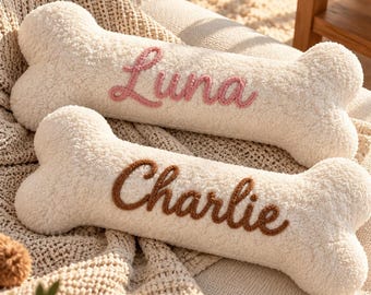 Personalized Dog Bone Pillow, Custom Name Boucle Cushion, Soft Teddy Sherpa Throw Pillow