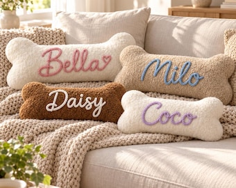 Custom Dog Bone Pillow with Name, Personalized Fluffy Pet Cushion, Dog Lover Gift