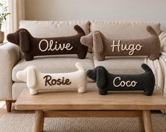 Personalized Dachshund Body Pillow with Custom Cord Name, Long Sausage Dog Cushion in Soft Teddy Fleece, Two Sizes for Cozy Dog Lover Decor