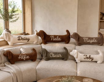 Custom Name Dachshund Body Pillow, Soft Teddy Fleece Sausage Dog Cushion in Two Sizes