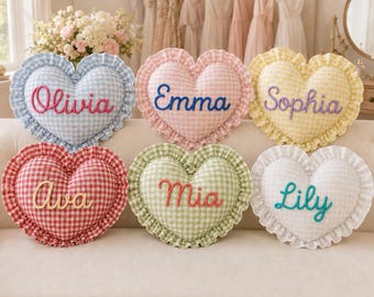 Personalized Gingham Heart Pillow, 55cm Ruffled Cushion with Custom Cord Name