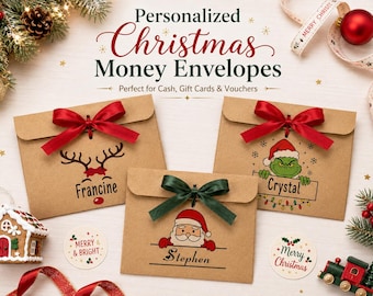 Personalized Name Christmas Money/Voucher Envelop Reindeer Kraft Brown Money/Voucher Gift Envelope with Satin Ribbon Baby Christmas Gift