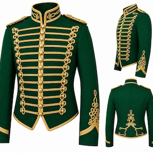 May include: A dark green jacket featuring a high collar, long sleeves, and gold-coloured braided cord detailing across the front. The garment includes gold-toned buttons, shoulder epaulets, and intricate gold embroidery on the cuffs and back.