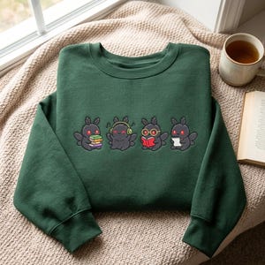 Embroidered Cute Mothman Reading Sweatshirt, Bookish Moth T-Shirt, Cryptid Shirt, Dark Academia Funny Reading,  Bookworm Gift Folk