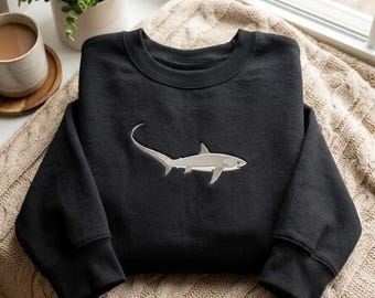 Embroidered Thresher Shark Sweatshirt, Cute Shark Silhouette Retro Shirt, Shark Lover Gift, Sea Life Shirt