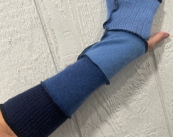 Denim shades of blue CASHMERE fingerless gloves, cashmere arm warmers, 15 inch