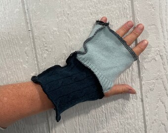 cashmere wrist warmers 100 percent cashmere Teal cable and light seafoam SHORTIES arm warmers 7.5 inch reversible