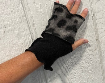 Gray Leopard print and black SHORTIES,  cashmere wrist warmers, 100 percent cashmere, arm warmers, 7.5 inch, reversible