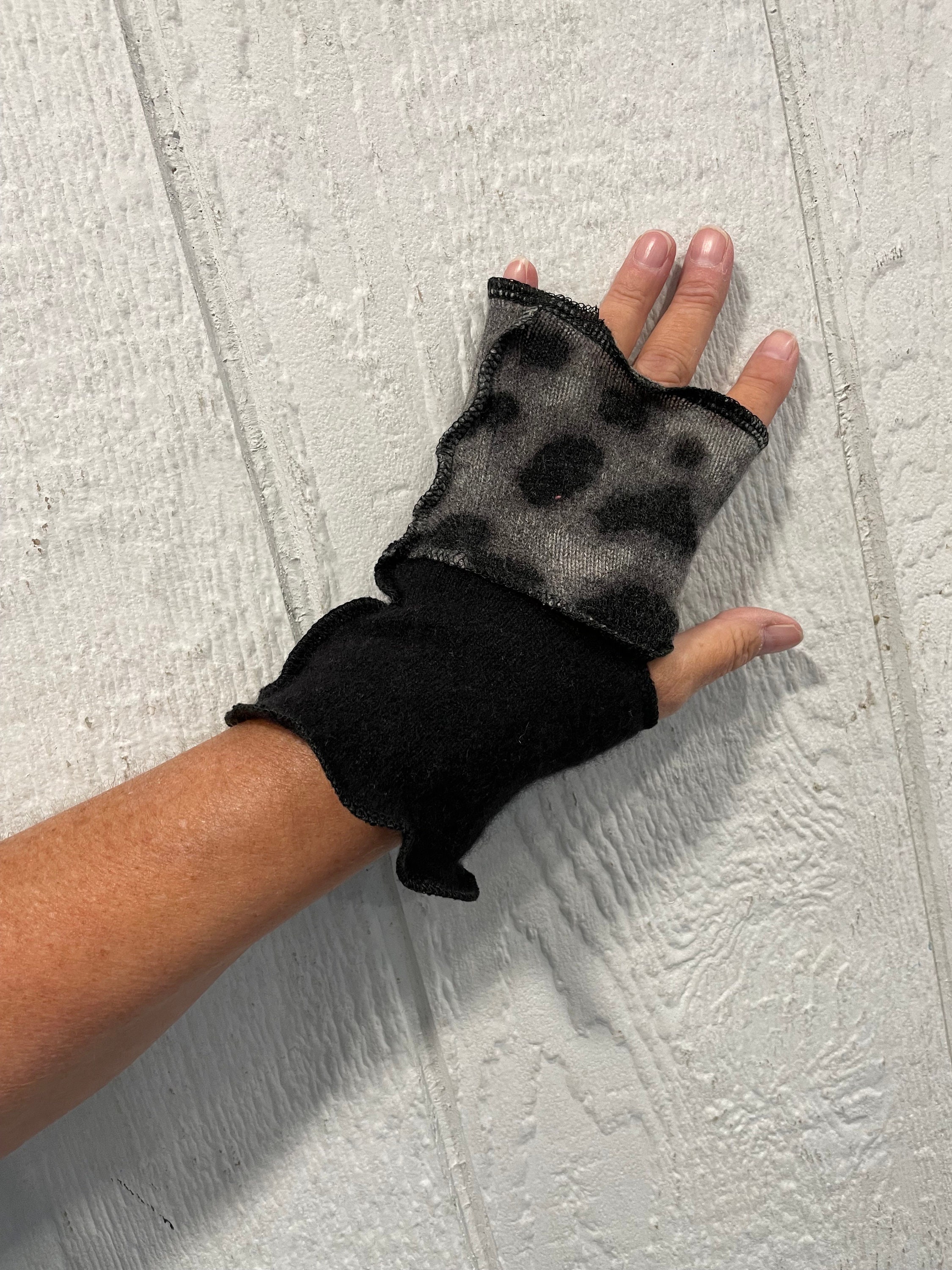 Gray Leopard print and black SHORTIES,  cashmere wrist warmers, 100 percent cashmere, arm warmers, 7.5 inch, reversible