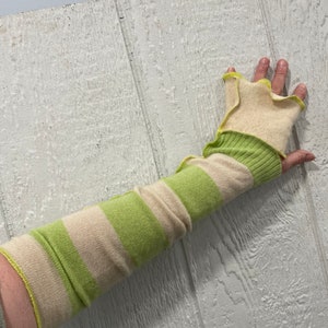 Lime green and cream stripe CASHMERE fingerless gloves, cashmere arm warmers, 18 inch, boho arm warmers, patchwork, mitts, gloves, warm