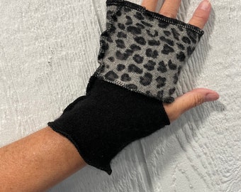 Leopard print and black SHORTIES,  cashmere wrist warmers, 100 percent cashmere, arm warmers, 7.5 inch, reversible