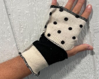Cream polka dot and black SHORTIES,  cashmere wrist warmers, 100 percent cashmere, arm warmers, 7.5 inch, reversible