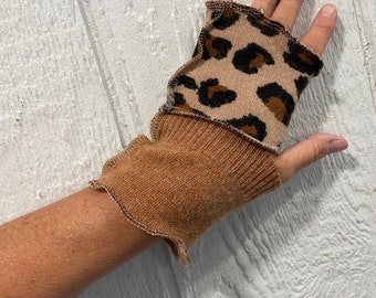 Camel Leopard print and black SHORTIES,  cashmere wrist warmers, 100 percent cashmere, arm warmers, 7.5 inch, reversible