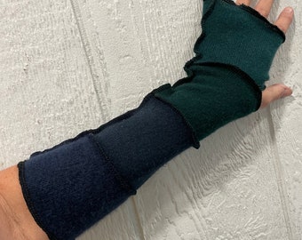 Deep green and NAVY blue CASHMERE fingerless gloves, cashmere arm warmers, 15 inch