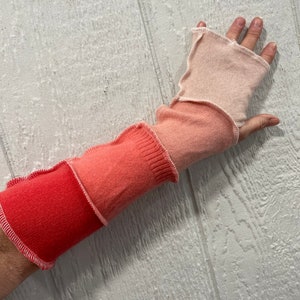 Coral pink, 100% CASHMERE fingerless gloves, cashmere arm warmers, 15 inch, boho arm warmers, patchwork, mitts, warm, pink cashmere, spring